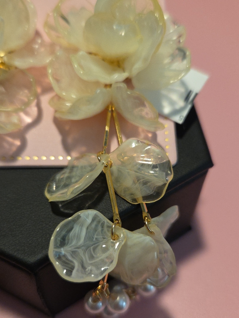 Piper K  Gold-Tone Ivory Floral Resin Drop Earrings with Pearl Accents - Picture 7 of 11